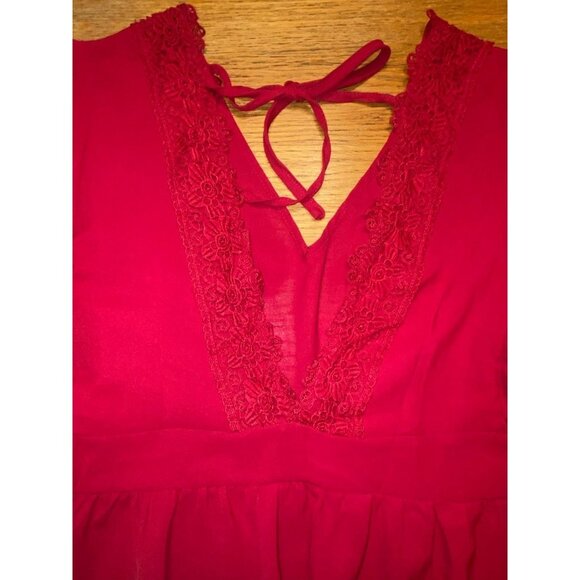 Red Ruffled V-Neck Dress With Lace Trim & Tie Back - Picture 2 of 6
